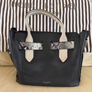 Henri Bendel Black Leather Tote with Cream Handles and Snake-Print Accents